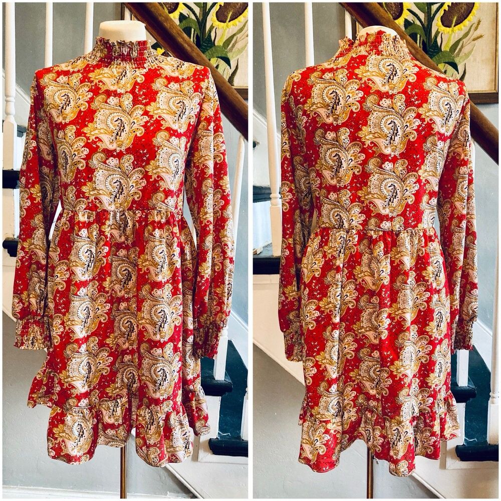 Modern Made 1960s Style Red Paisley Mini Dress W Ruffle Mod Hippie Psychedelic
